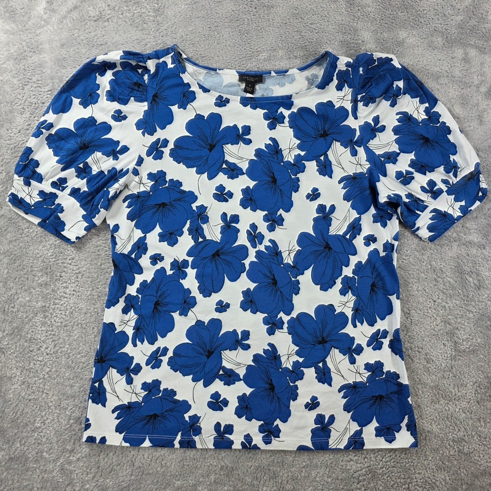 Ann Taylor Factory Floral Puff Sleeve Top Blue White Medium Summer Cottagecore